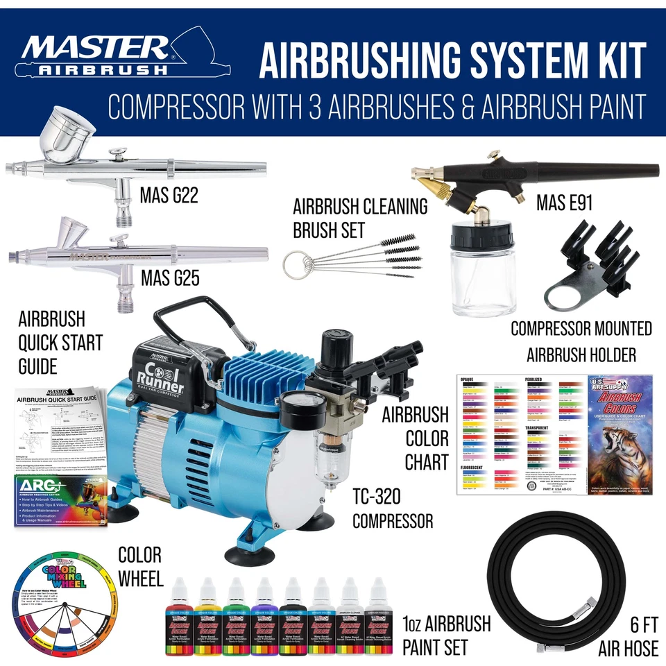 Master 3 Airbrush, Air Compressor & Hose Kit, 6 Primary Colors Acrylic Paint Set - Image 2 of 4