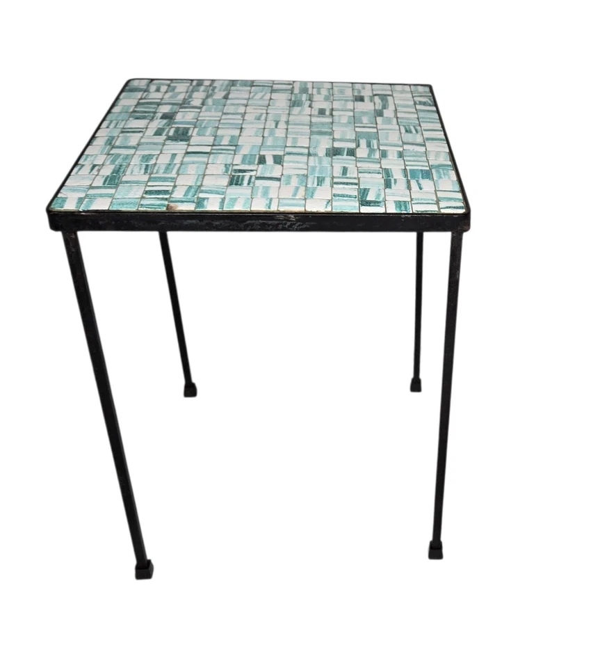 Mid-Century Modern Turquoise Green Tile Table Wrough Iron Table  - Image 4 of 4