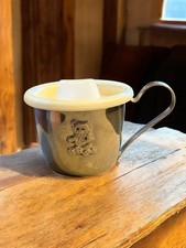 Silver Plated Toddler Sippy Cup Bear Design Handle and Lid Vintage Baby Feeding