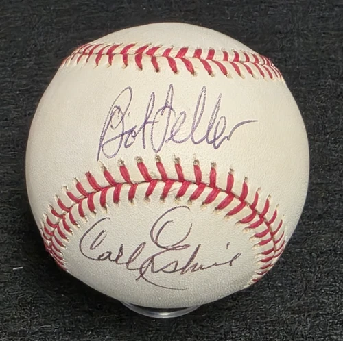 BOB FELLER & CARL ERSKINE Signed Official Baseball-HOF-DODGERS-INDIANS