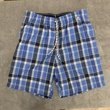 Land s End Swim Trunks Men s Medium 32-33 Blue Plaid Shorts Drawstring