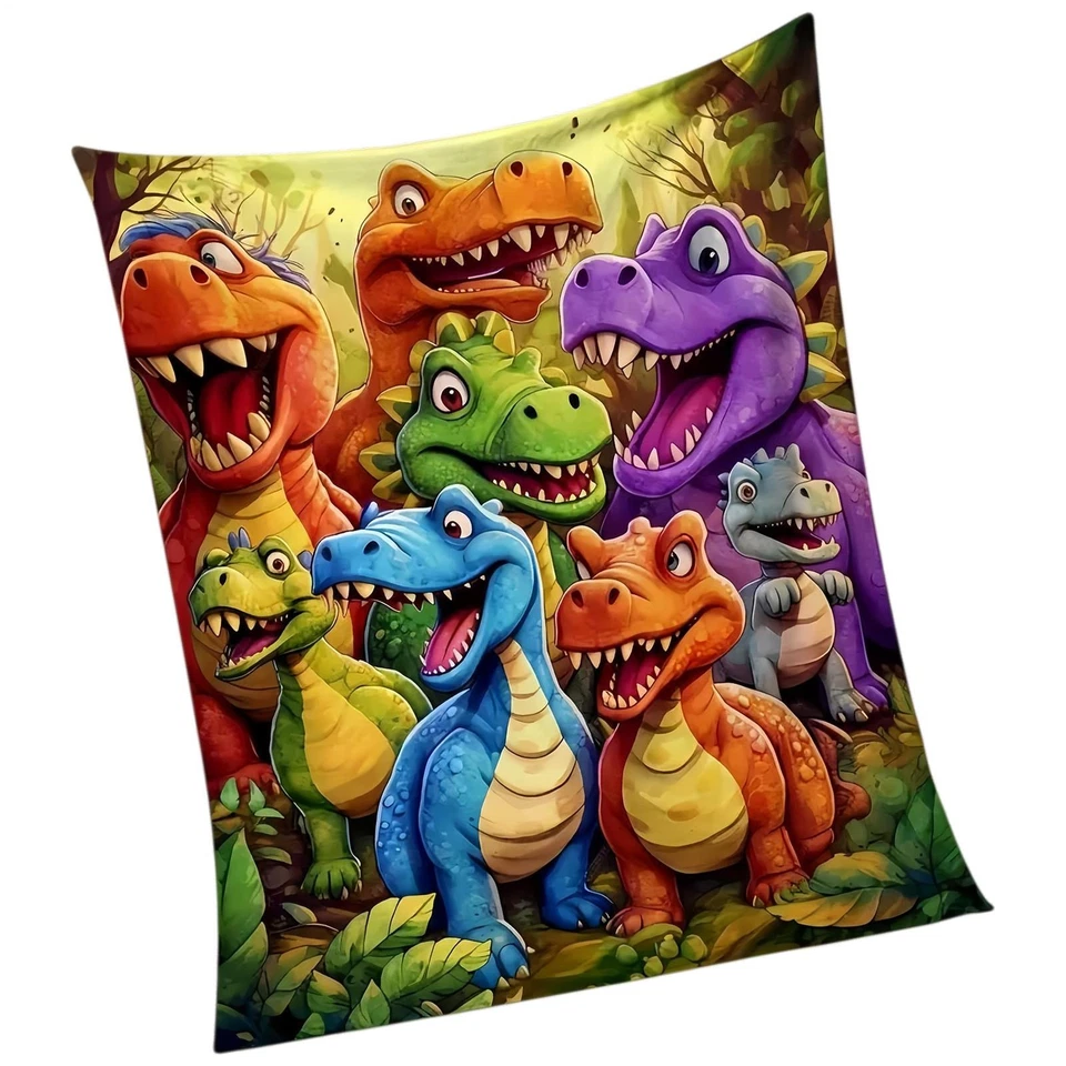Linda manta suave divertida de franela con impresión digital HD de dinosaurios sonrientes HO T Foto 2 de 4