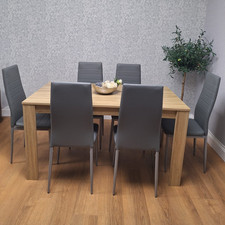 Oak Effect Dining Table Set With 6 Grey Faux Leather Chairs Dining Room Furnitur