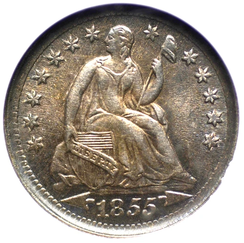 1855 ARROWS SEATED LIBERTY HALF DIME NGC MS 63 LOVELY OLDE TYME TONE IN RICH