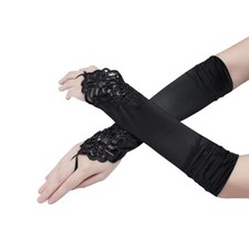 Long Black Elbow Lace Sequins Satin Gloves 19.3" Stretchy 1920s Opera Gloves