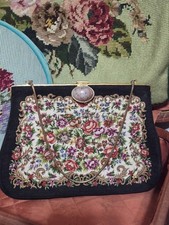 Vintage Black  Multicolor Floral Tapestry Petit Point Handbag With Stone Clasp
