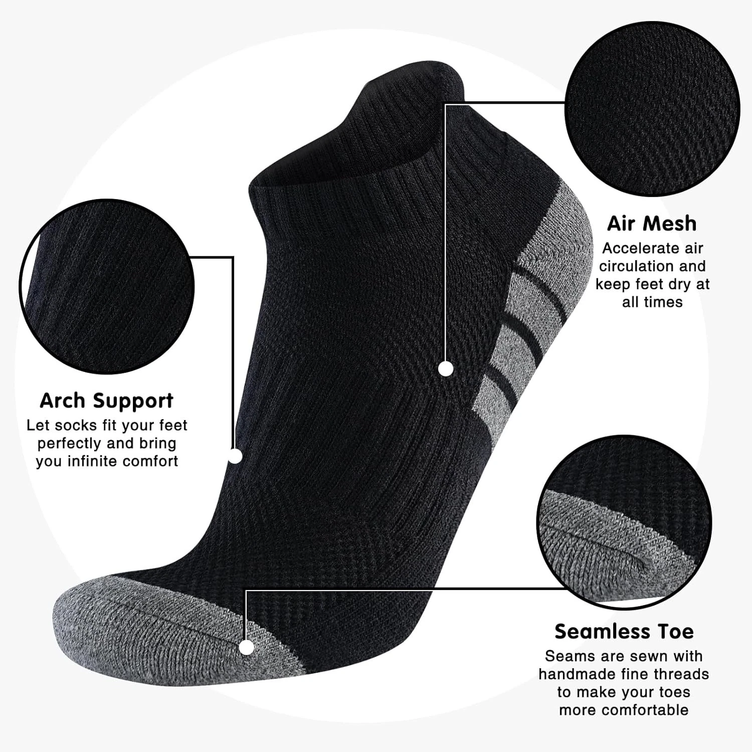 7 Pairs Mens Black Cotton Cushioned Ankle Socks Low Cut Socks Medium-Large