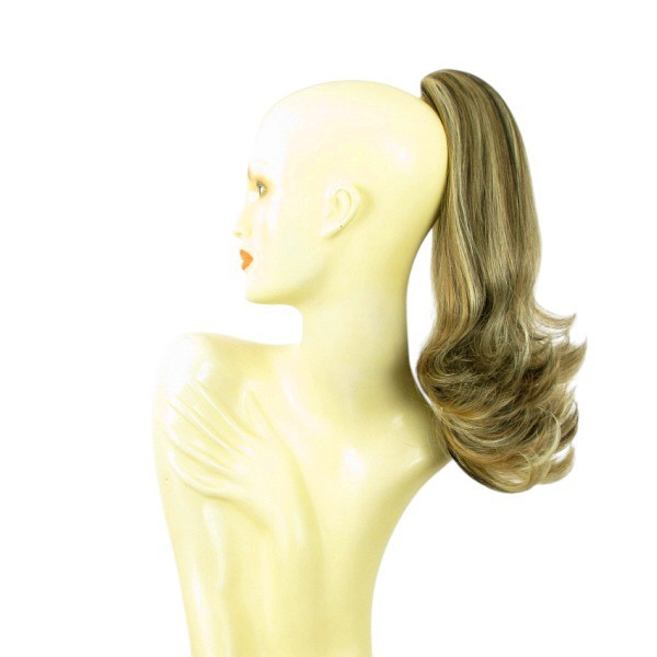 Postiche queue de cheval mi-longue blond clair cuivré choco 40cm cheveux fins