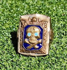 Vintage Mexican Biker Ring w #13. Skull & Crossbones. Owls on sides. 1950's