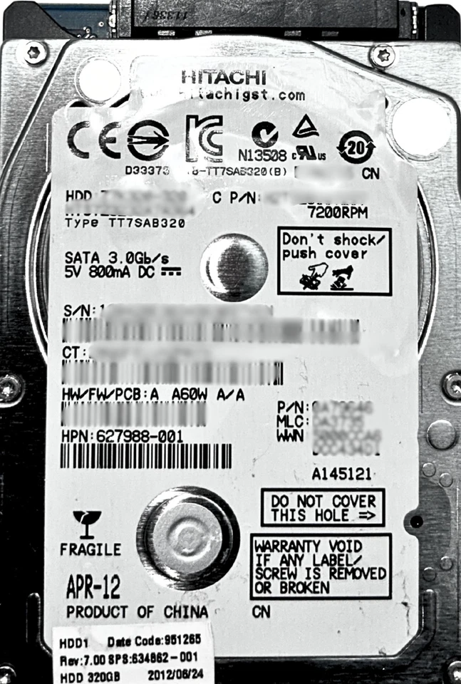 HP 627988-001 320GB 7.2K 3G 2.5INCH SATA HDD Hard Disk Drive - Image 2 of 4