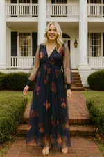 Baltic Born Size M Navy Layla Tulle Floral Print Maxi Dress V-Neck Long Sleeve