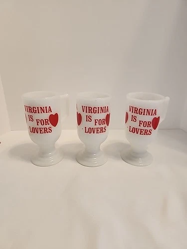 Virginia Is For Lovers Milk Glass Set Of 3  Coffee Mug Pedestal Handle VINTAGE