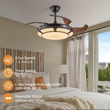 42" LED Ceiling Fan Lights Modern Retractable kit With Remote 3-Color Dimmable