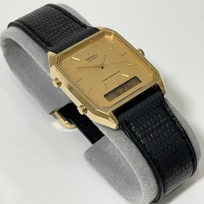 Vintage 1986 Seiko H601-5000 Ana-Digi Tank Watch Gold Tone Leather Band | Nice!