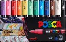 Posca Paint Art Markers, Set of 12 Extra Fine Point Acrylic Paint Pens for Fabri
