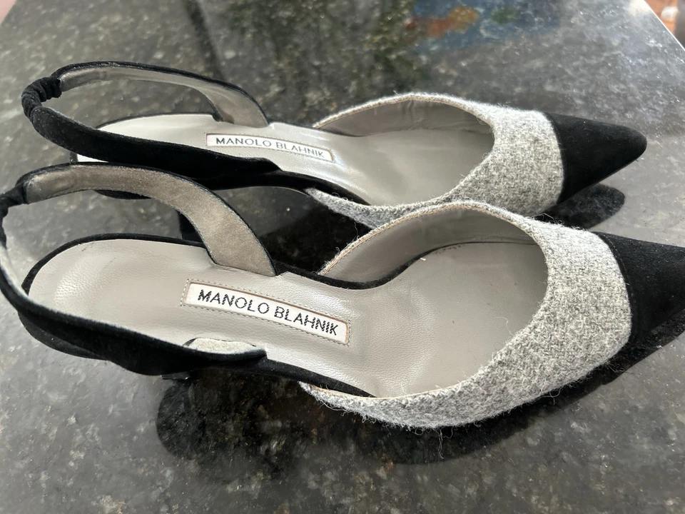 37.5 Manolo Blahnik CAROLYNE Tweed Lana Gris Punta Punta Punta Cordones Zapatos de salón Foto 2 de 4