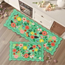Scalloped Green Kitchen Mats for Floor 2PC Cushioned Anti Fatigue Kitchen Mat...
