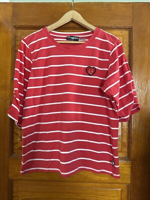 Karl Lagerfeld T-Shirt Size Large Red & White Striped Patch Logo Casual Nautical