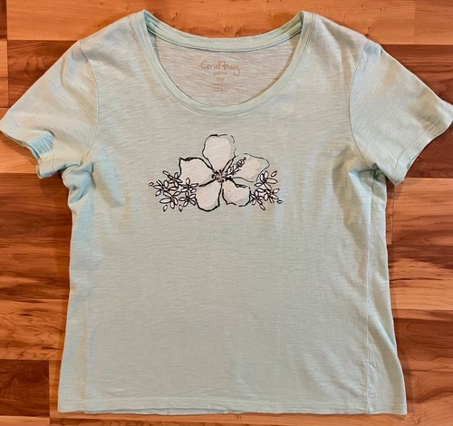 Coral Bay Women's Floral Shirt Petite P/M Beaded Flower Top Summer 100% Cotton - Picture 1 of 7