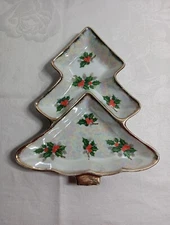   MCM Ucagco Christmas Holly Lusterware Divide Serving Candy/Relish Dish  Japan 