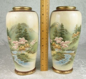Pair c1900 Antique Japanese Satsuma Vases Landscape Design 8-3/4 inch Tall