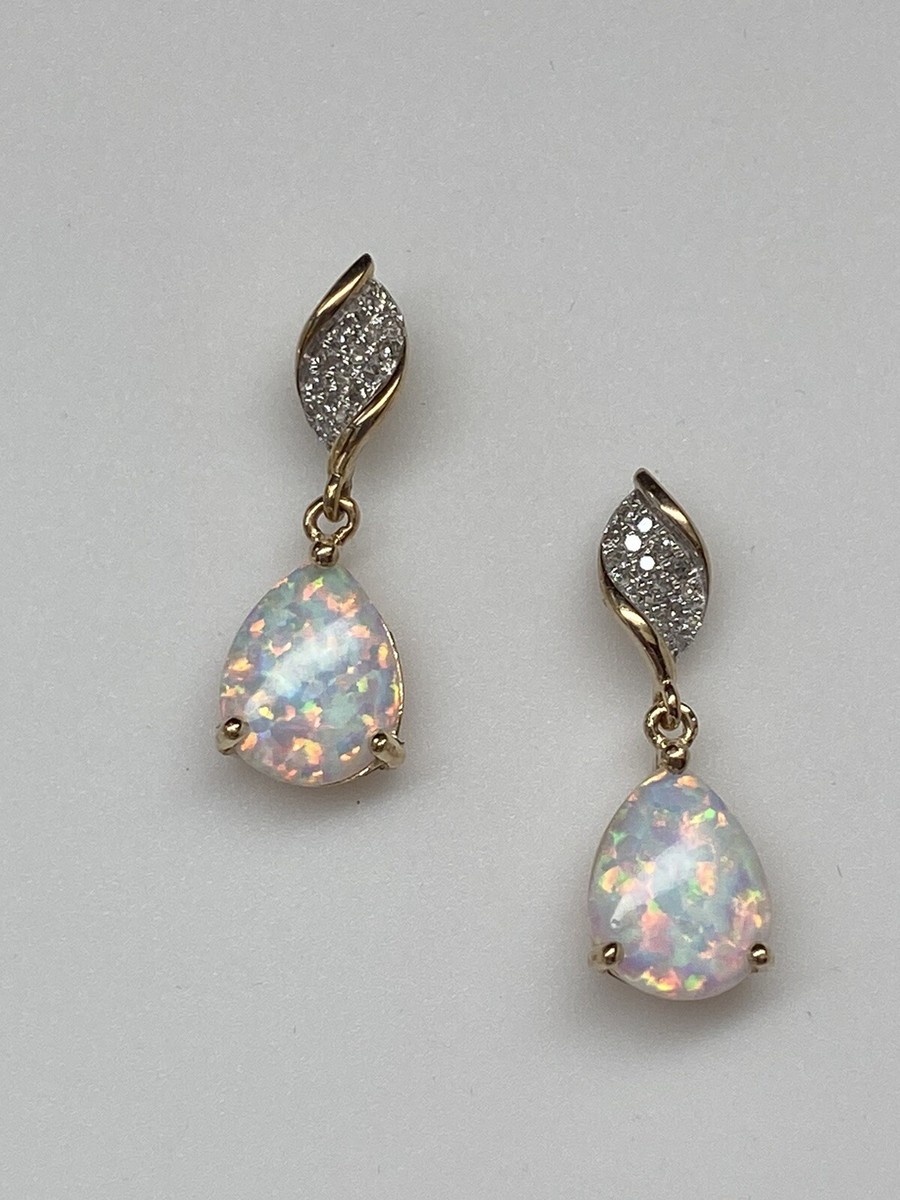 10K Yellow Gold Pear Shape Created Opal and Diamond Dangle Earrings NEW