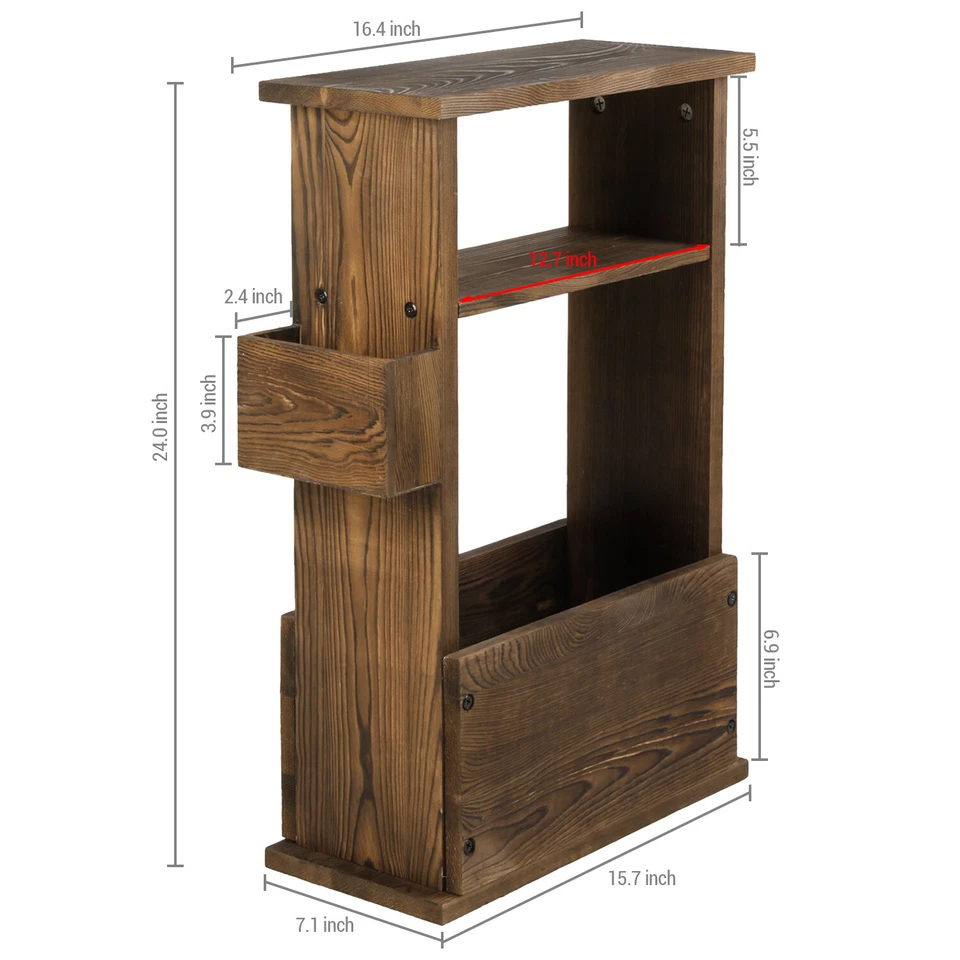 Rustic Burnt Wood End Table w/ Magazine Holder, Shelf & Remote Control Holder - Image 4 of 4