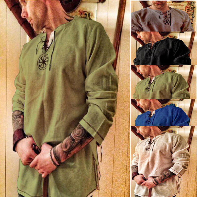 Para Hombres Medieval Vintage Túnica Prendas para el torso Camisa Vikinga Con Cordones Jersey Disfraz Blusa Talla