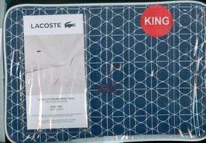 Lacoste-4-Pc-KING-Brushed-Twill-Sheet-Set-100-Cotton-BLUE-Tennis-Geo