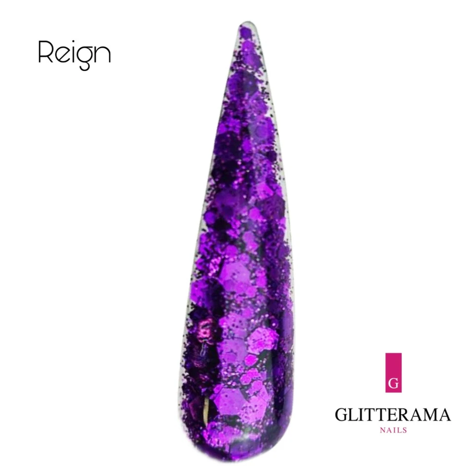 REIGN coloured glitter acrylic powder glitterama nails purple sparkle amethyst