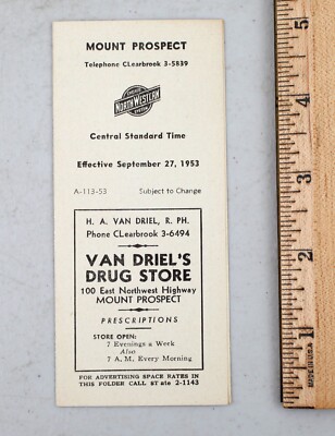 1953 Chicago North Western Railroad Pocket Timetable Mt. Prospekt
