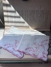 Lot of 2 Vintage Ladies  White pink Embroidery Flowers Hankie/Handkerchief