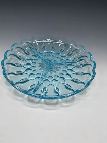 Vtg Anchor Hocking AQUA Blue Divided 3 Section Scallope Edge Tidbit Relish Dish