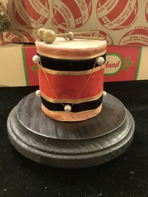 L700 Vintage Christmas TREE DECOR Ornament- Red Flocked & Beaded Drum & Sticks