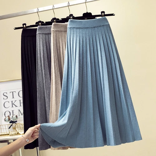 Women Fall Knitted Pleated Skirt Elastic High Waist Winter Swing A-line Casual - Bild 4 von 31