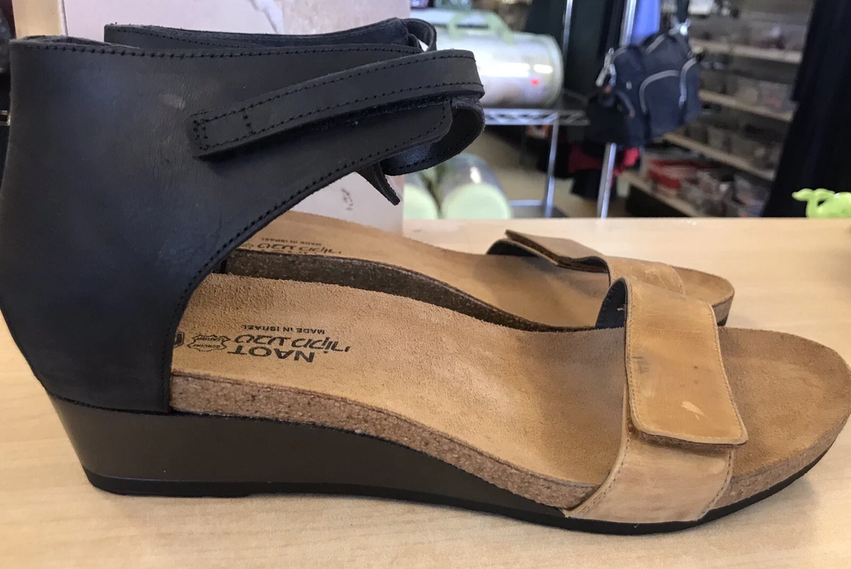 Naot Prophecy Dune Coal Leather High Back Strap Wedge Sandals EU