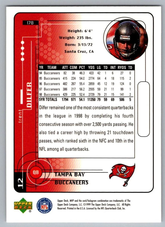 1999 Upper Deck MVP Trent Dilfer Tampa Bay Buccaneers #178 - Image 2 of 2
