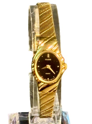 #ad Vtg Ladies Pulsar V810 5890 Black Dial Gold Tone Quartz Watch 6”Band New Battery $29.99