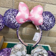 Disney- Parks Purple Sequin Minnie Mickey Ears Headband with Pink Polka Dot Bow
