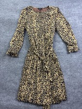 J Crew Dress Womens 2 Brown Leopard Pleated Fit Flare Belted Long Puff Sleeve