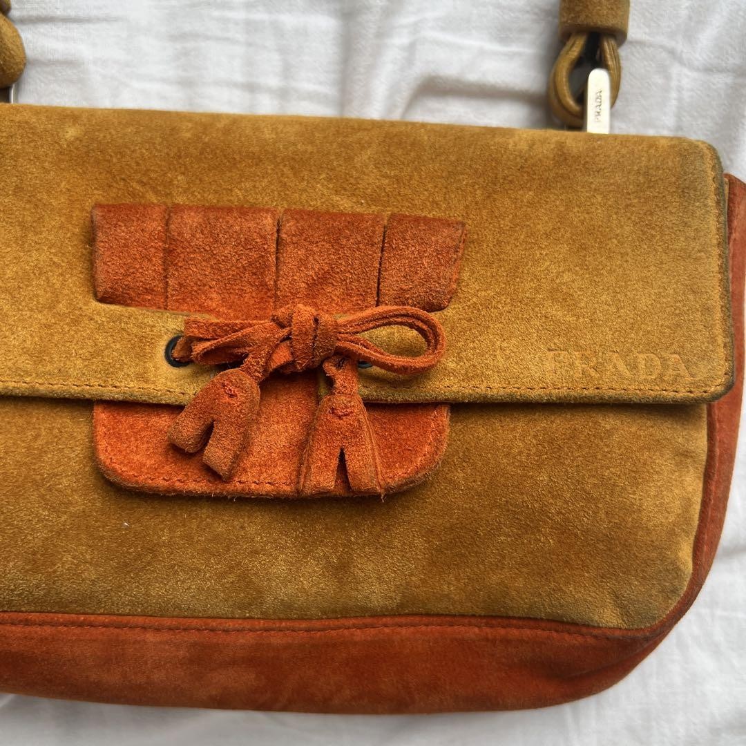 バッグ 90s PRADA Suede ribbon one shoulder bag 90s PRADA Suede Ribbon Shoulder Bag Orange Brown One