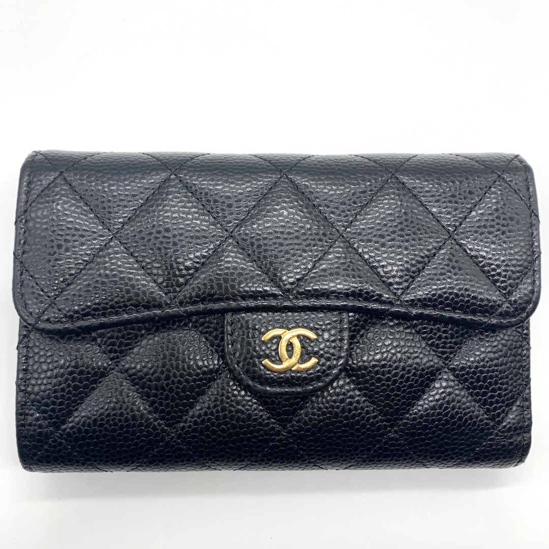 Chanel Matelasse Medium Trifold Wallet Black Caviar Leather Ap0232 Pre-Owned