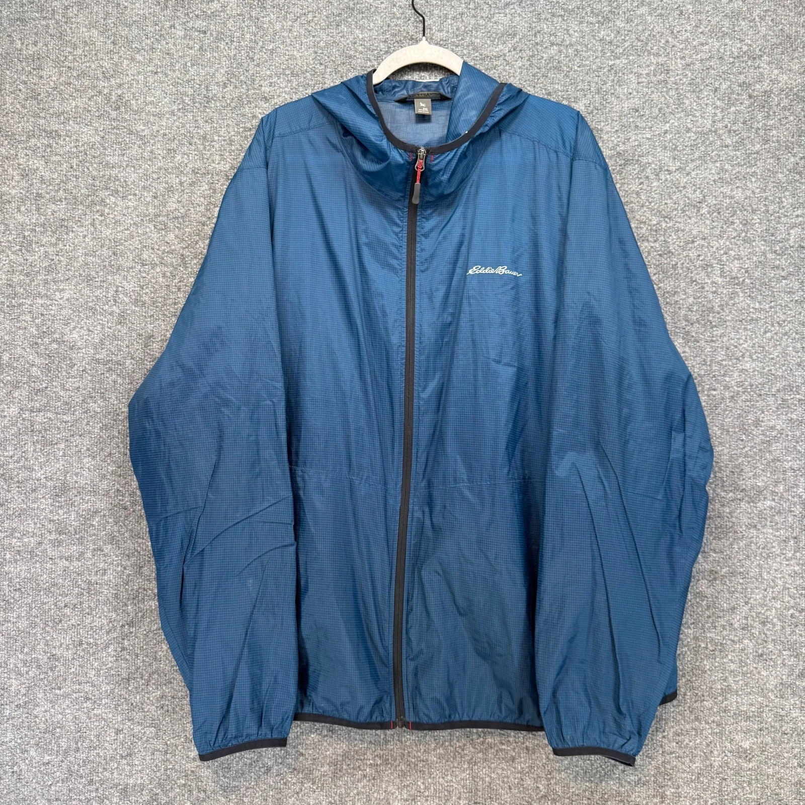 Eddie Bauer Windbreaker Jacket Mens 2XL Blue Grid Hooded Lightweight Hiking
