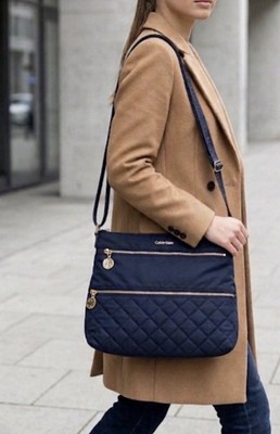 Calvin Klein Navy Quilted Zip Shoulder Bag, Adjustable Detachable Strap, Pockets