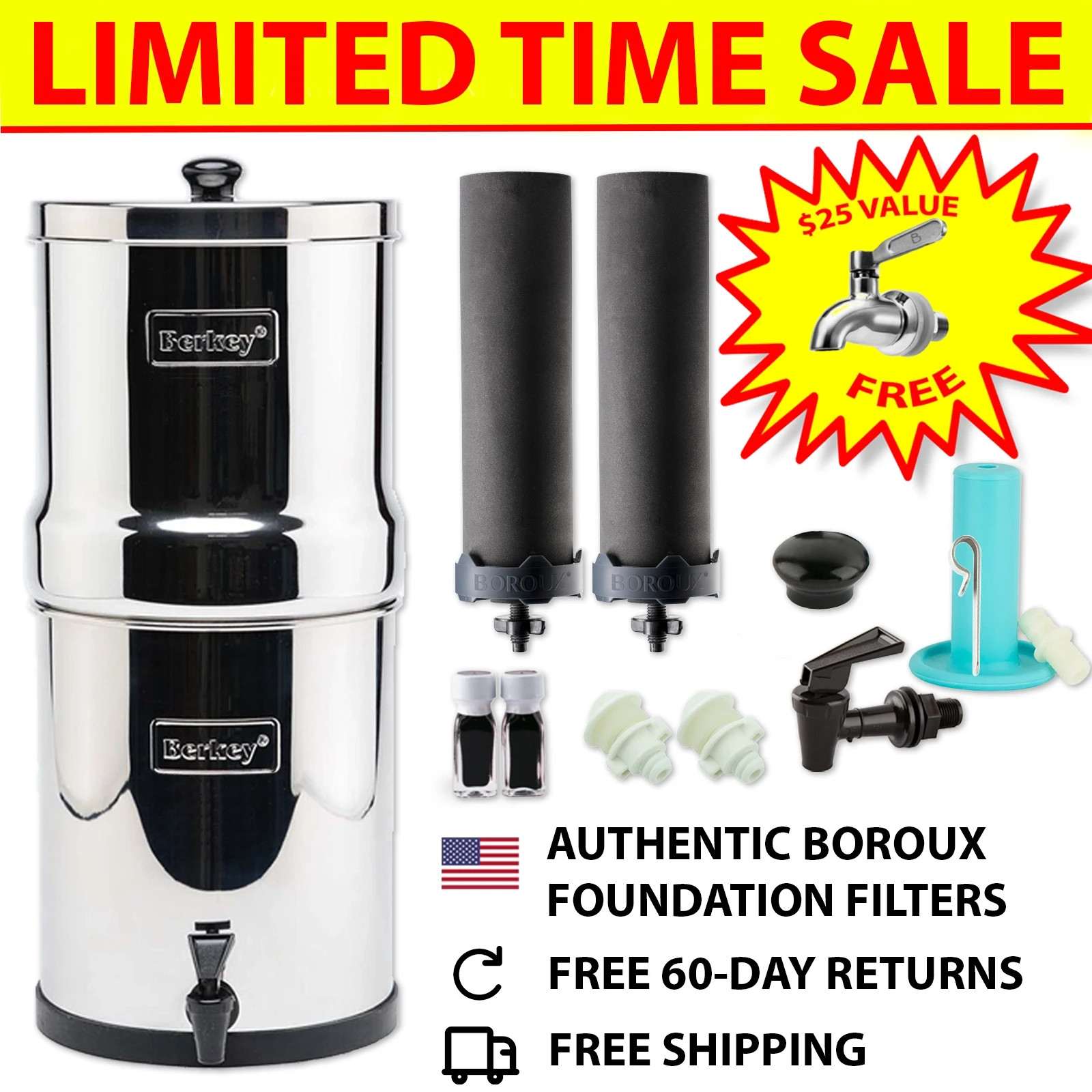 Berkey Gravity Water Filter System w/ 2 NSF Certified Boroux Black Filters