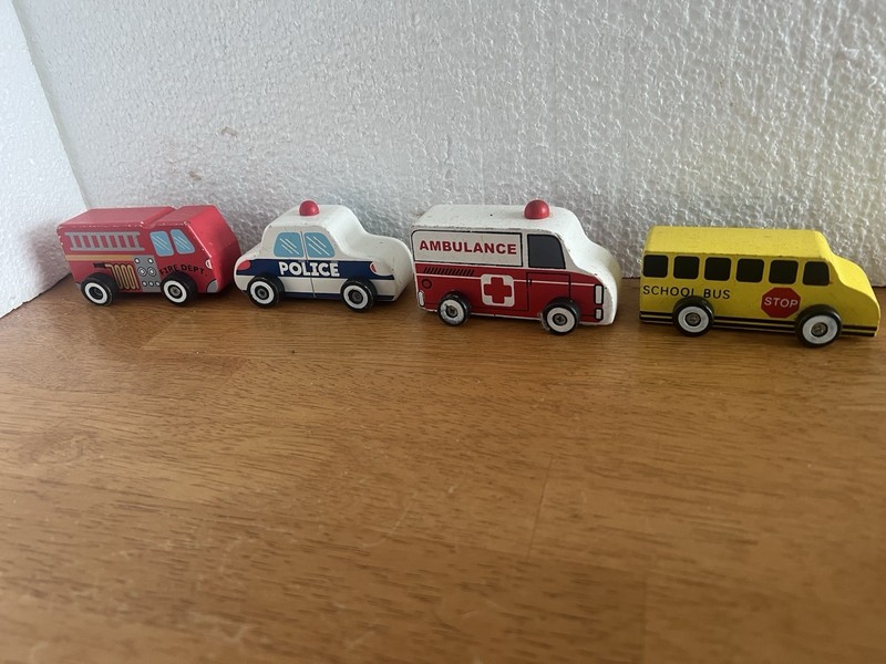 Greenbrier Wooden Fire Truck Police Car Ambulance School Bus Toy Vehicle Set