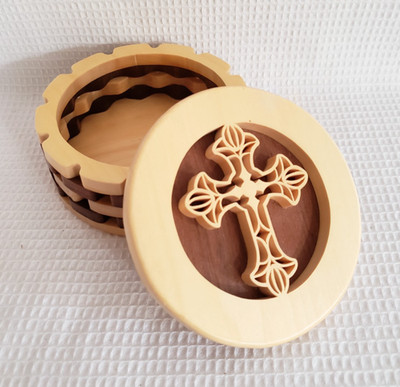 Handcrafted Wooden Scroll Saw Fretwork Religious Cross Trinket Rosary Box Signed