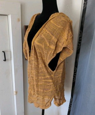 Moth Brown Yellow Boho Striped Button Knit Hood Cardigan Short Sleeve Anthro Med