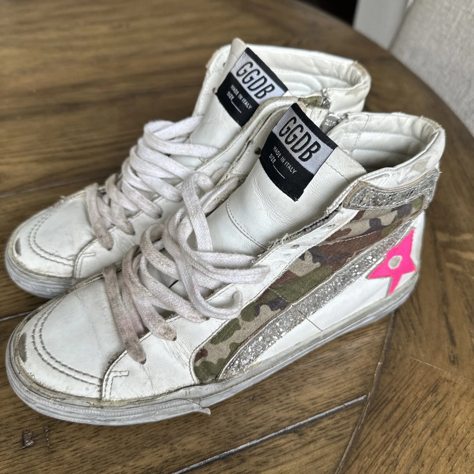 Golden Goose Slide 双 25 美分白色皮革迷彩闪光粉色星星 37 码 — 第 3/4 张图片