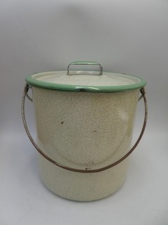 VINTAGE SPECKLED GREEN ENAMEL CANISTER LIDDED BUCKET PAIL POT